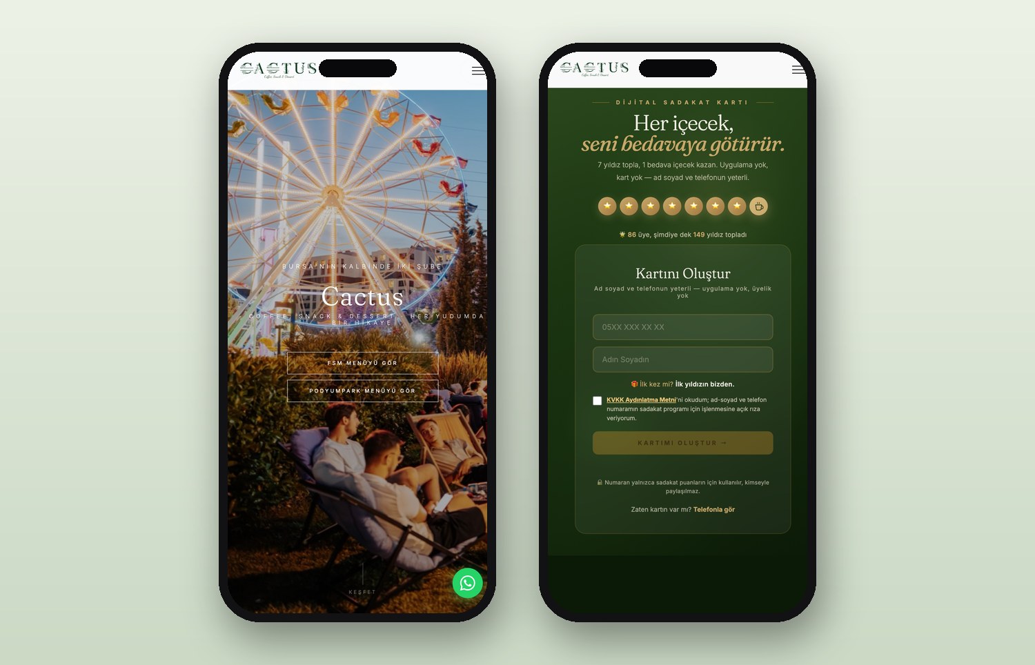 Cactus Cafes mobil site ve dijital sadakat kartı