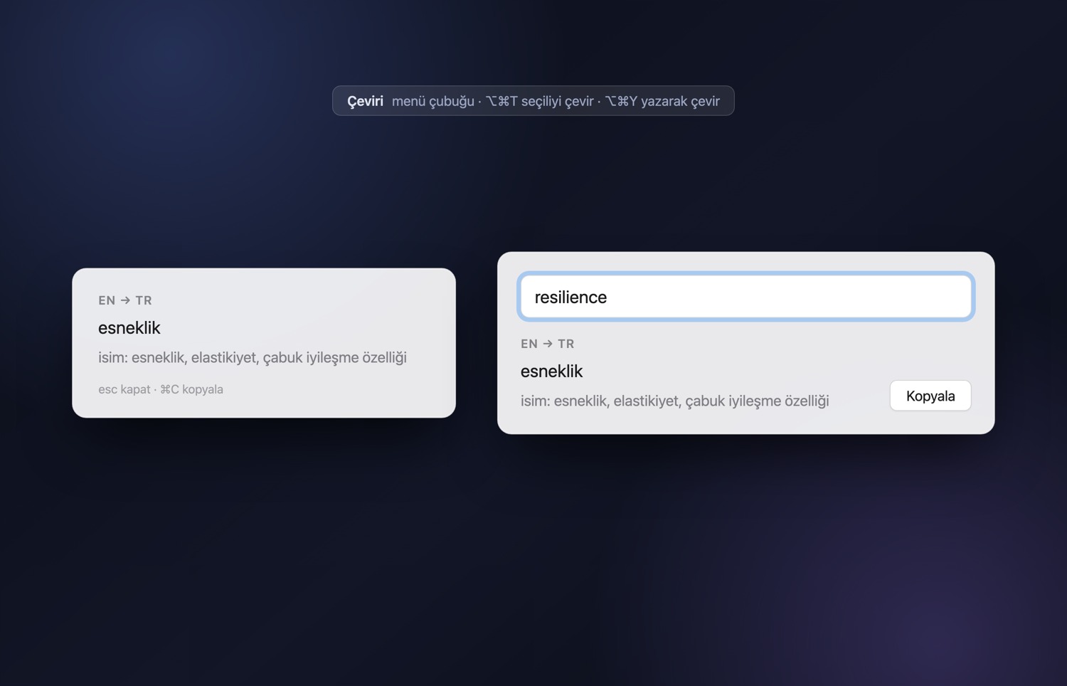 Çeviri — macOS menü çubuğu çevirmeni