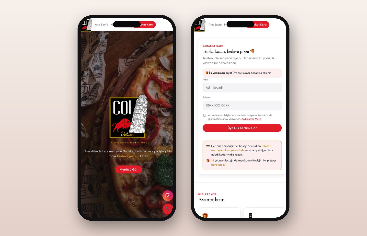Coi Deluxe mobil site ve sadakat kartı
