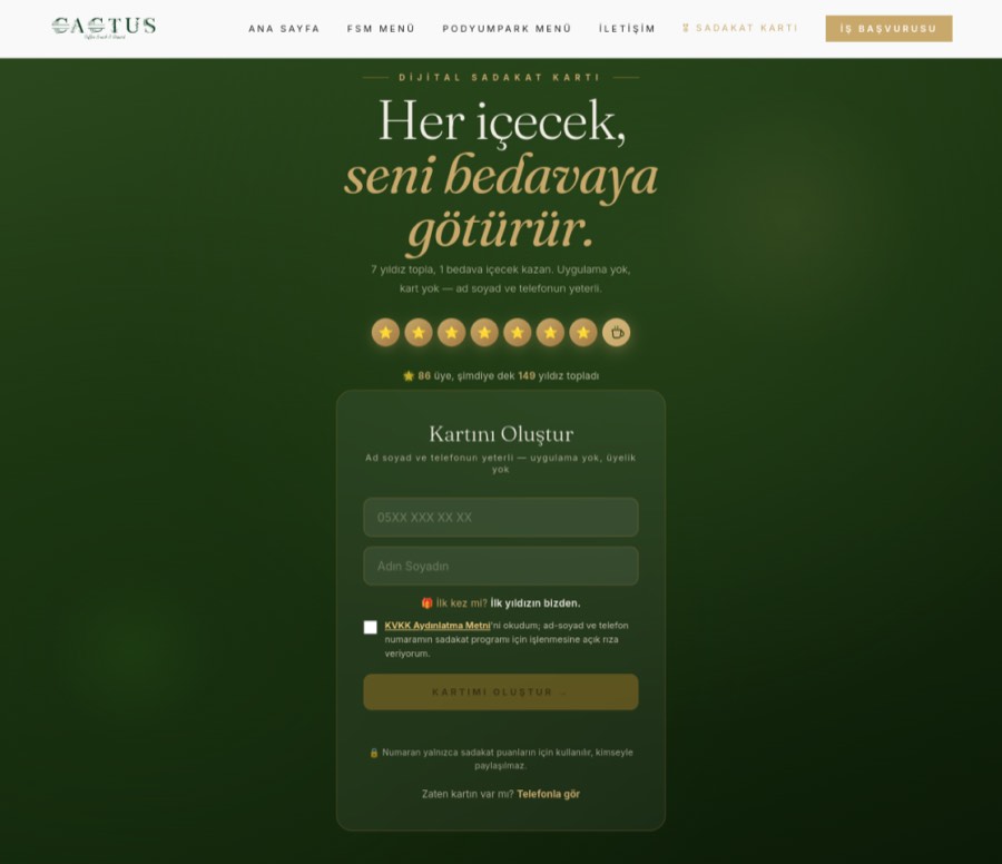 Cactus dijital sadakat kartı sayfası
